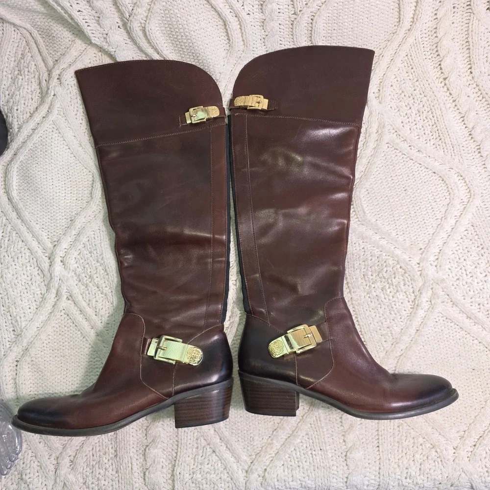 Vince‎ Camuto Over the Knee Leather Boots Cognac Brown Gold Buckle Womens 12 42